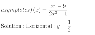 The asymptotes of f(x)=(x^2-9)/(2x^2+1) is Horizontal: y= 1/2